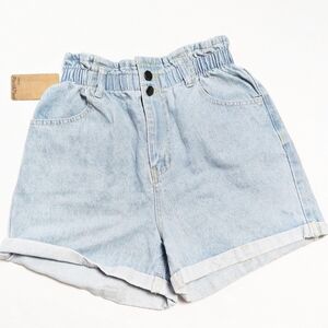 Plaid & Plain Light Wash Paperbag Waist Cuffed Denim Shorts NWT